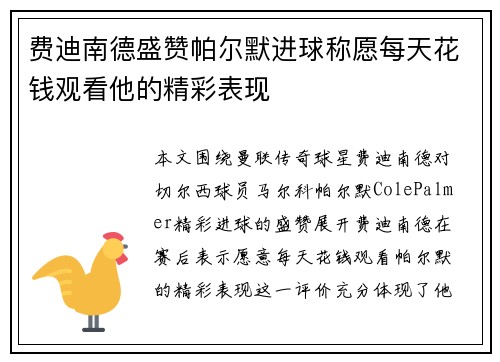 费迪南德盛赞帕尔默进球称愿每天花钱观看他的精彩表现